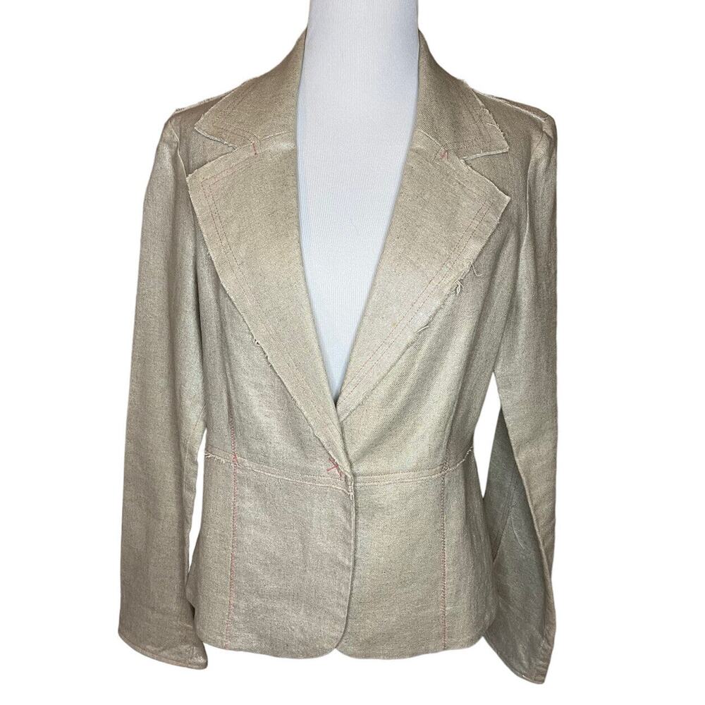 True Meaning Women’s Blazer Sz 12 Shimmery Gold Linen‎ Blend Raw Hem Jacket